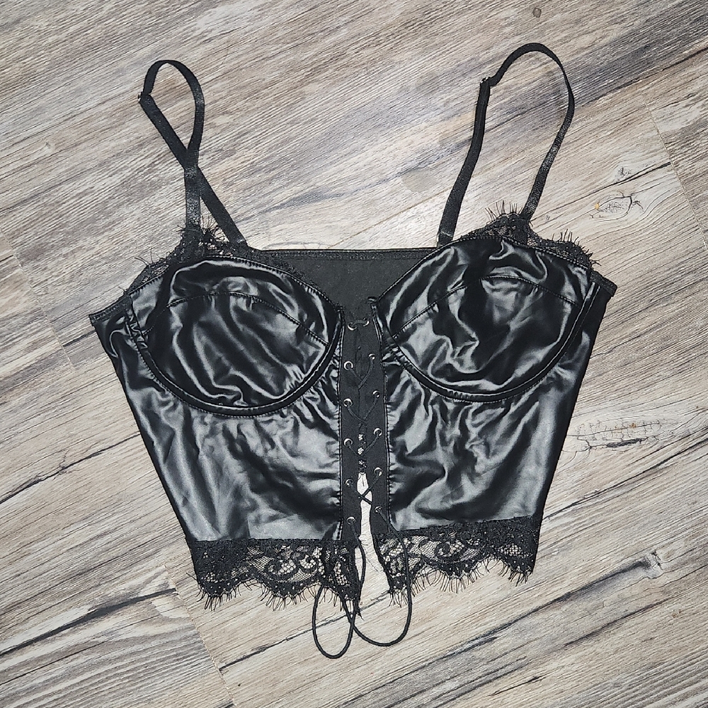Black Satin Lace-Up Bustier Top